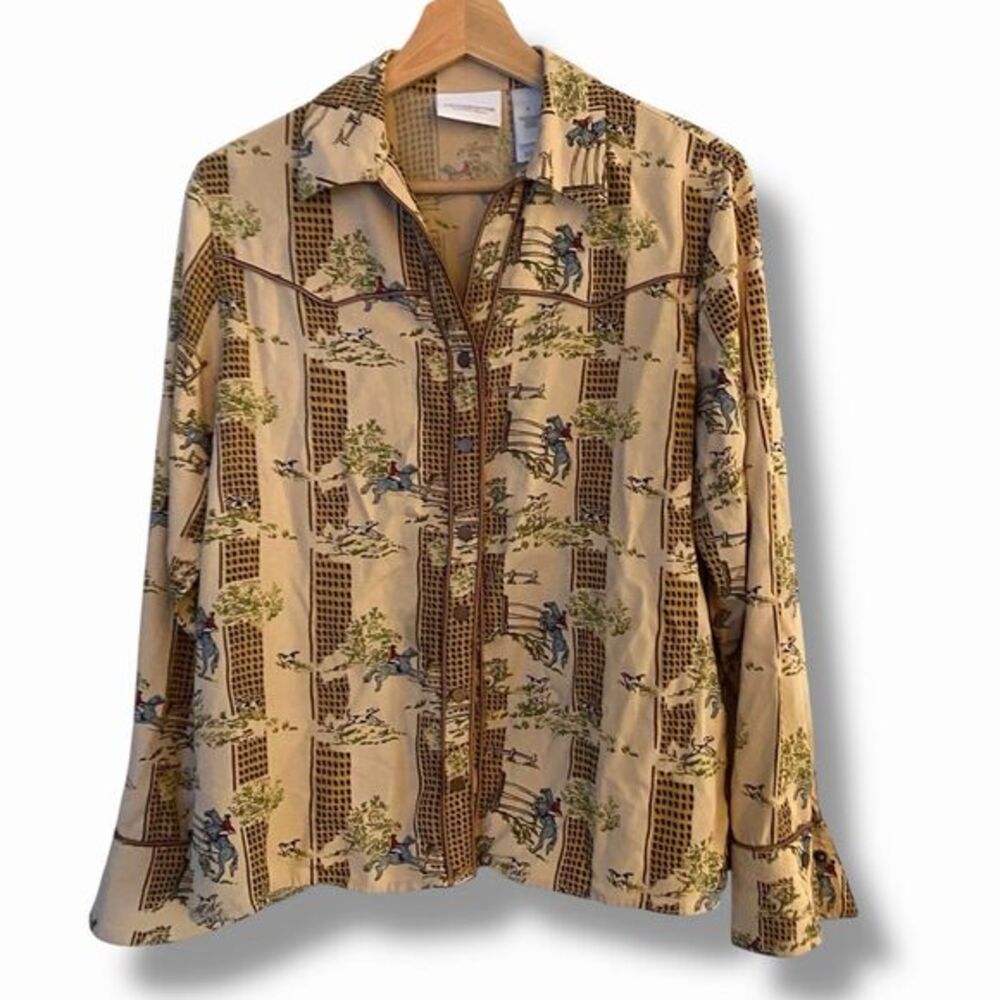 Vintage Liz Claiborne Equestrian Horses Snap Buttons Western Rayon Blouse Medium